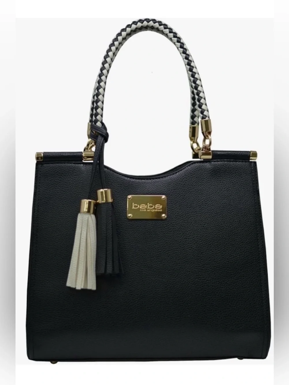 Bebe Natalie Braided Handle Black Faux Leather Satchel